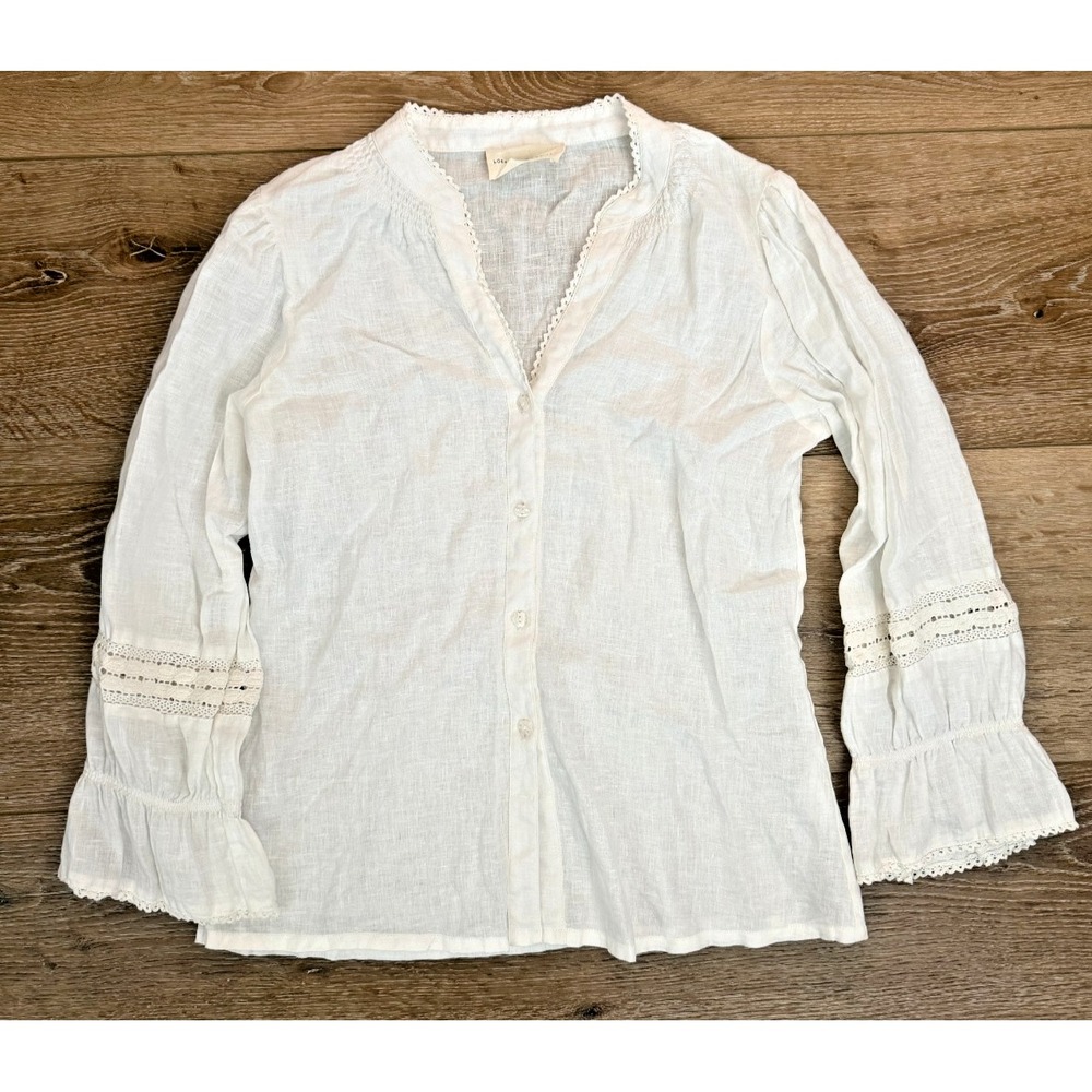 Loeffler Randall Linen Blouse Womens S White Lace Ruffle Bell Sleeve Button Top